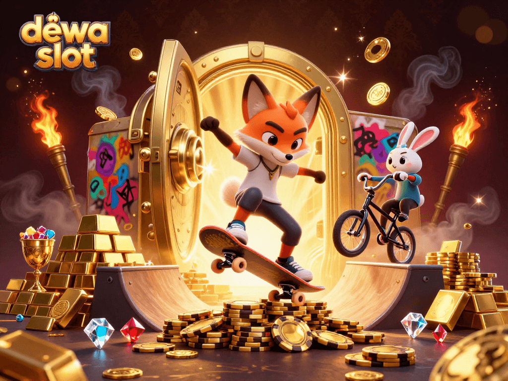 Dewa slot presents a vibrant scene with a skateboarder fox and BMX rabbit amidst gold treasures and casino symbols.