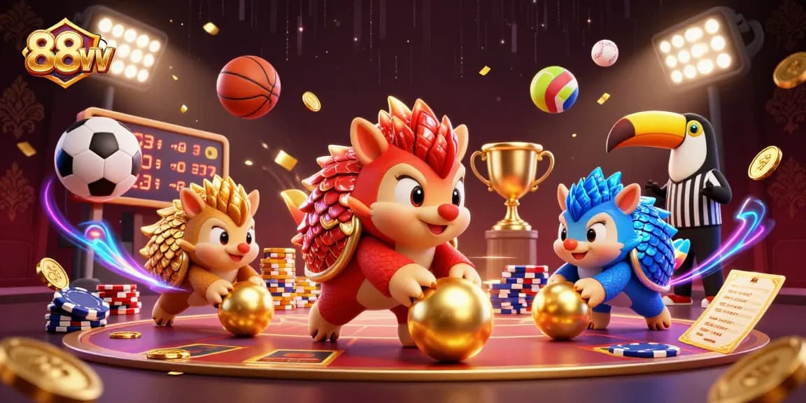 88vv sports betting action with pangolins competing, vibrant 3D scene filled with gaming elements