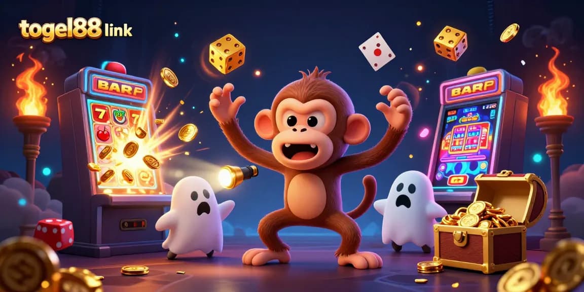 Engage with the thrilling togel88 link in this vibrant casino illustration featuring a playful monkey and curious puppy.