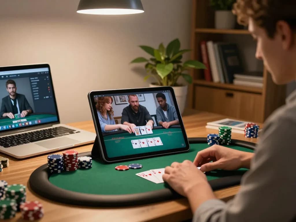 Engaging virtual poker game on tablet while playing at home for 79KING.