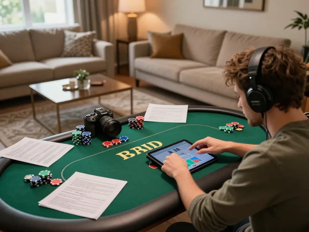 Player enjoying online poker on a tablet at home, illustrating 789F's engaging gaming experience.