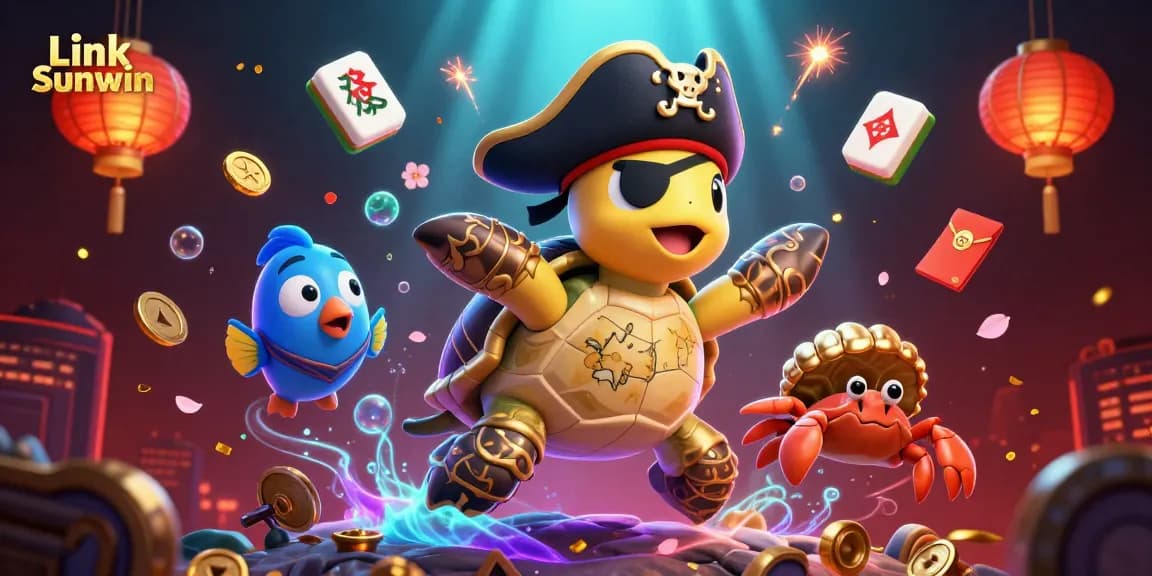 Experience gaming excitement with Link Sunwin featuring a pirate turtle, hermit crab, and parrotfish amid colorful casino elements.