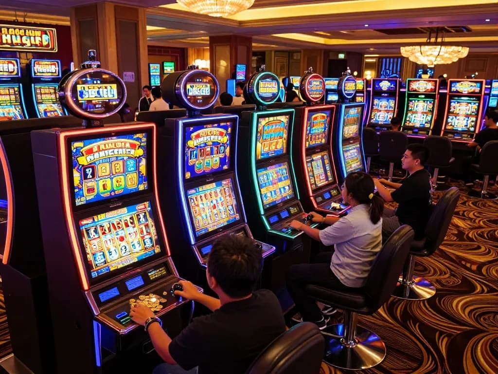 Players celebrating wins at slot gacor machines in a lively casino atmosphere.