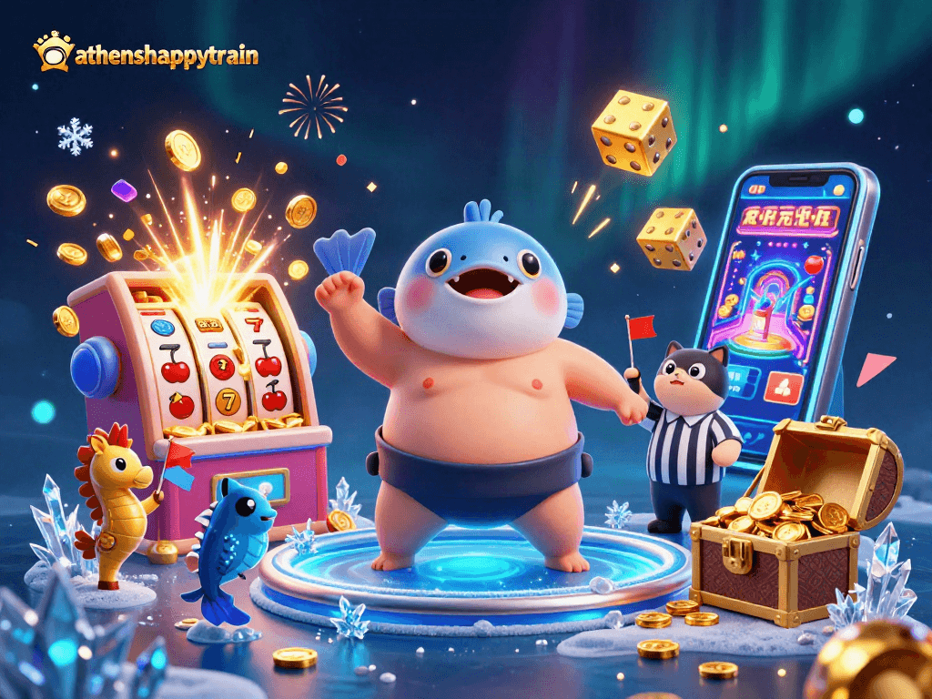 Experience the excitement of athenshappytrain with a vibrant underwater casino scene featuring lively characters and winning symbols.