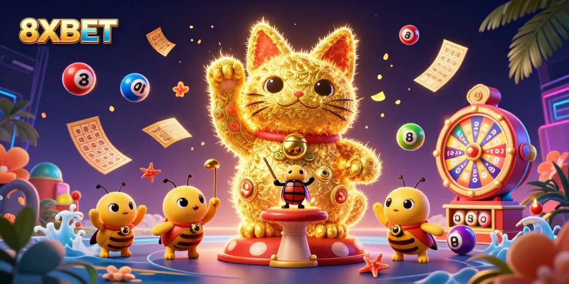 Experience exciting casino fun with 8XBET's dynamic golden firefly lucky cat illustration.