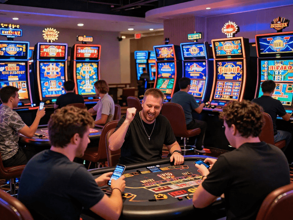 Engaging online gaming environment at mpocash.net featuring players at live dealer tables and vibrant slot machines