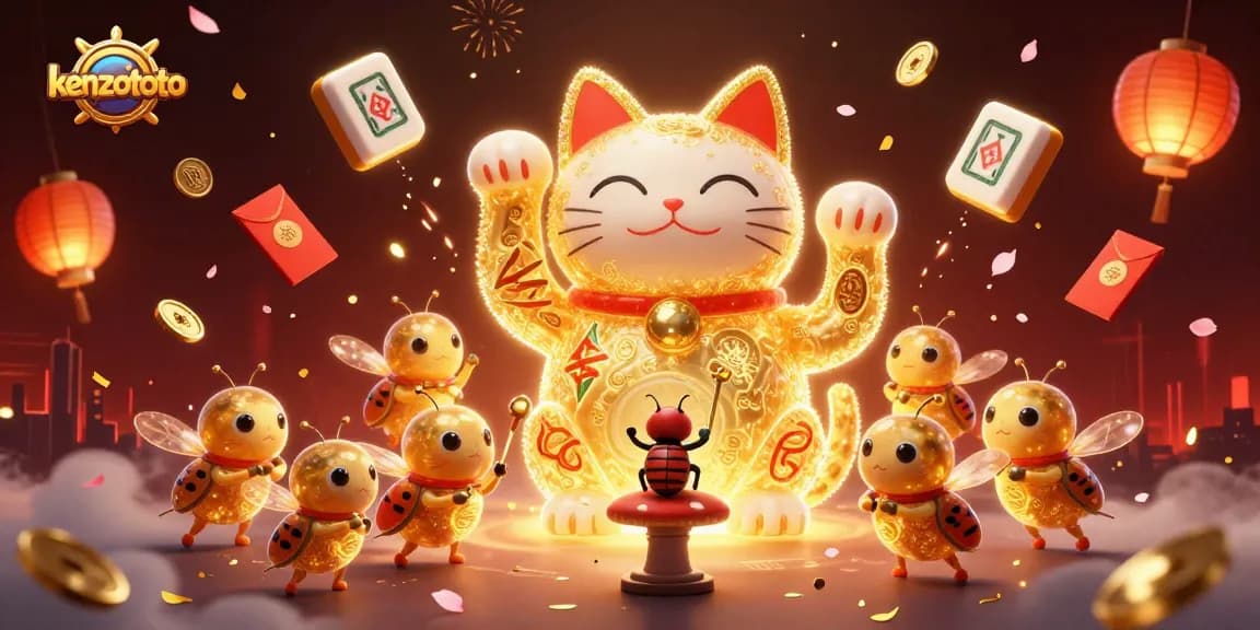 Experience the excitement of kenzototo with a vibrant 3D display of a lucky cat and casino symbols.