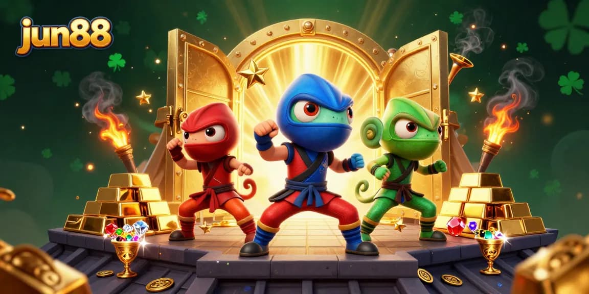 Engage with jun88's thrilling casino adventure featuring a dynamic ninja chameleon trio.