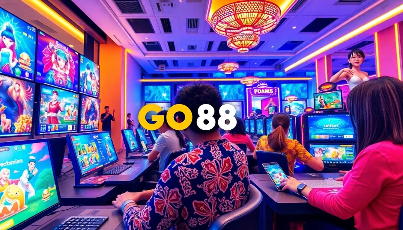 Dynamic gaming scene showcasing players enjoying GO88's interactive features on mobile and PC.