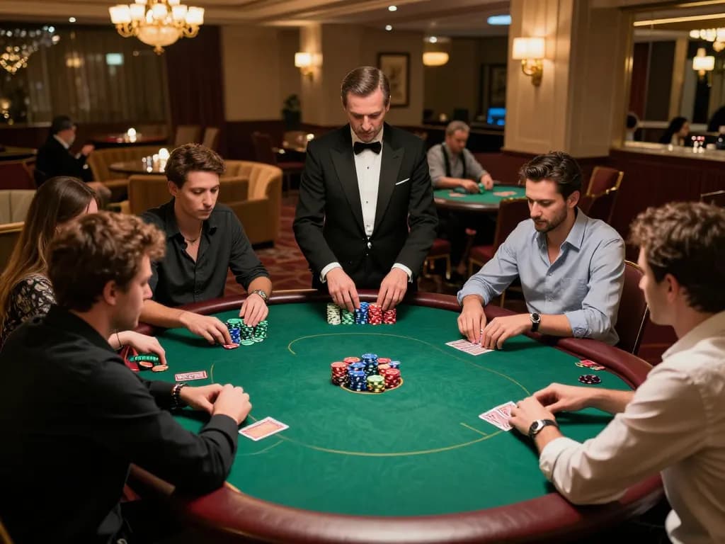 Players engaging in a poker game as part of the Chatgpt caricature trend in a luxurious casino setting.