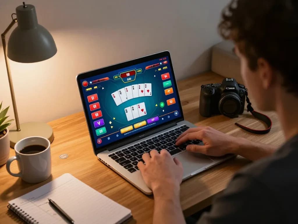 Engaged player enjoying okfun poker game on laptop in a cozy home setting