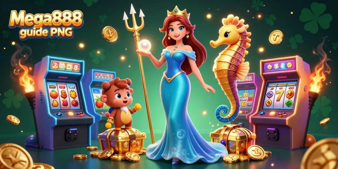 Enjoy the vibrant mega888 guide PNG 3D illustration showcasing casino elements and characters in a colorful scene.