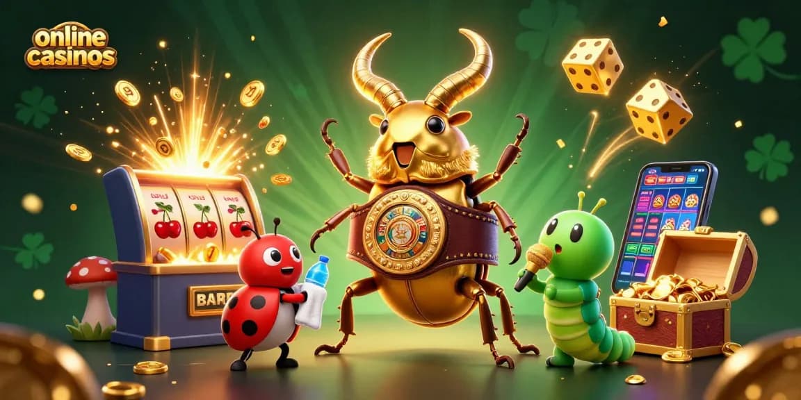 Experience excitement at online casinos with a dynamic boxing scene featuring a golden stag beetle and colorful symbols.
