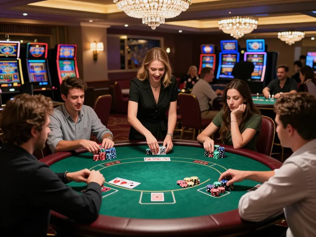 Group of friends enjoying a poker game at OPEN88 COM, showcasing vibrant casino atmosphere and strategic gameplay.
