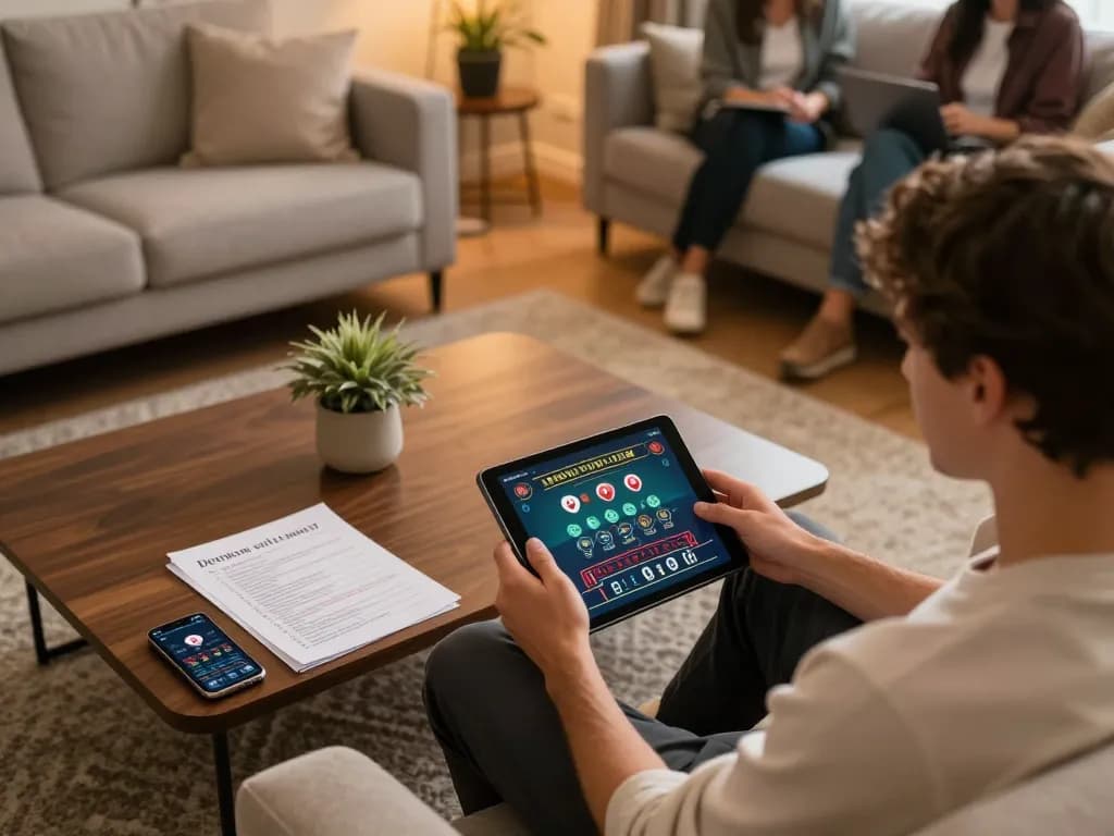 Person enjoying vipwin online blackjack on a cozy sofa with tablet and strategic notes.