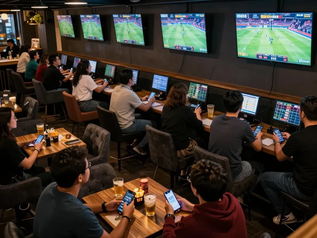 Exciting sports betting scene at 888VI COM with patrons engaging on mobile apps