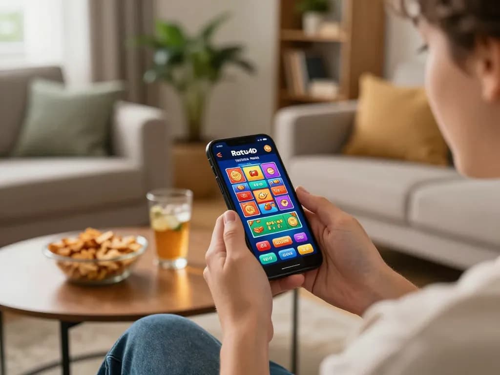 Player enjoying the Ratu4d mobile app, showcasing a vibrant gaming scene in a cozy home setting.