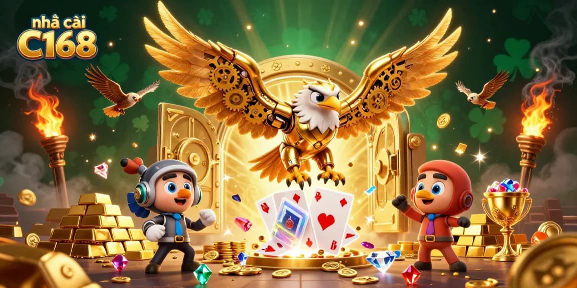 Engage with the thrill of nhà cái C168 illustrated with a 3D golden eagle amidst holographic cards and treasures.