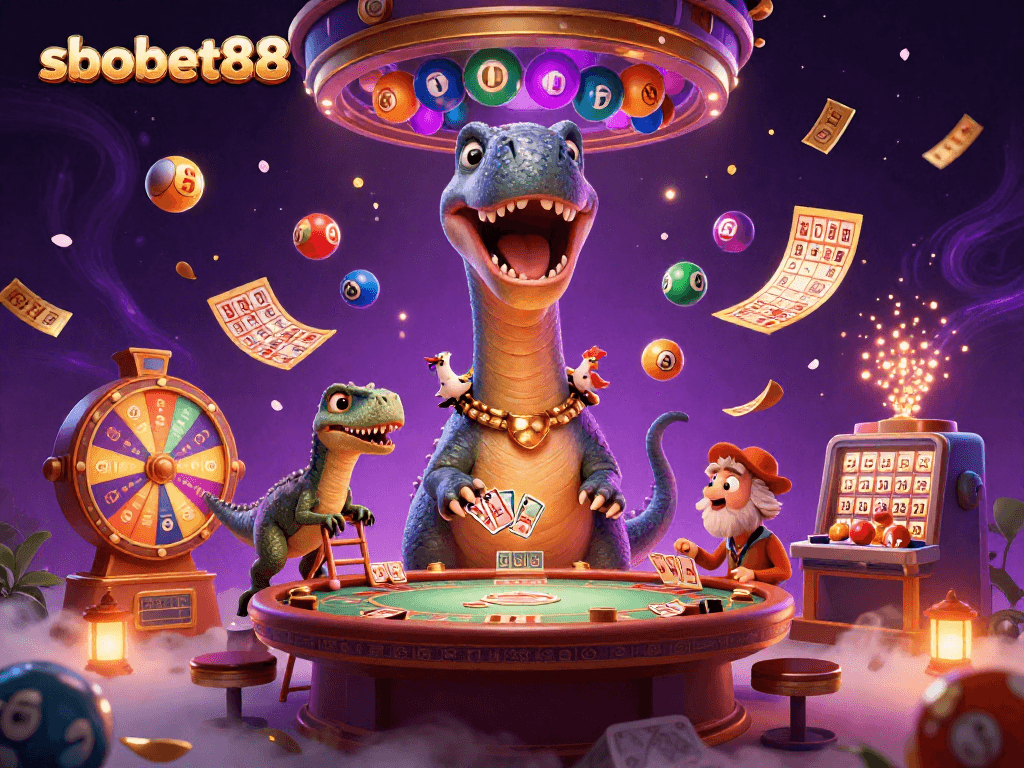 SBOBET88 presents an imaginative scene where a towering brontosaurus delights in a bustling casino environment while the raptor distributes cards.
