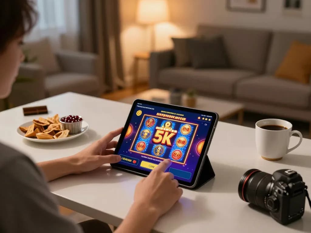 Engaging gaming session at slot depo 5k with tablet displaying colorful interface and snacks nearby.