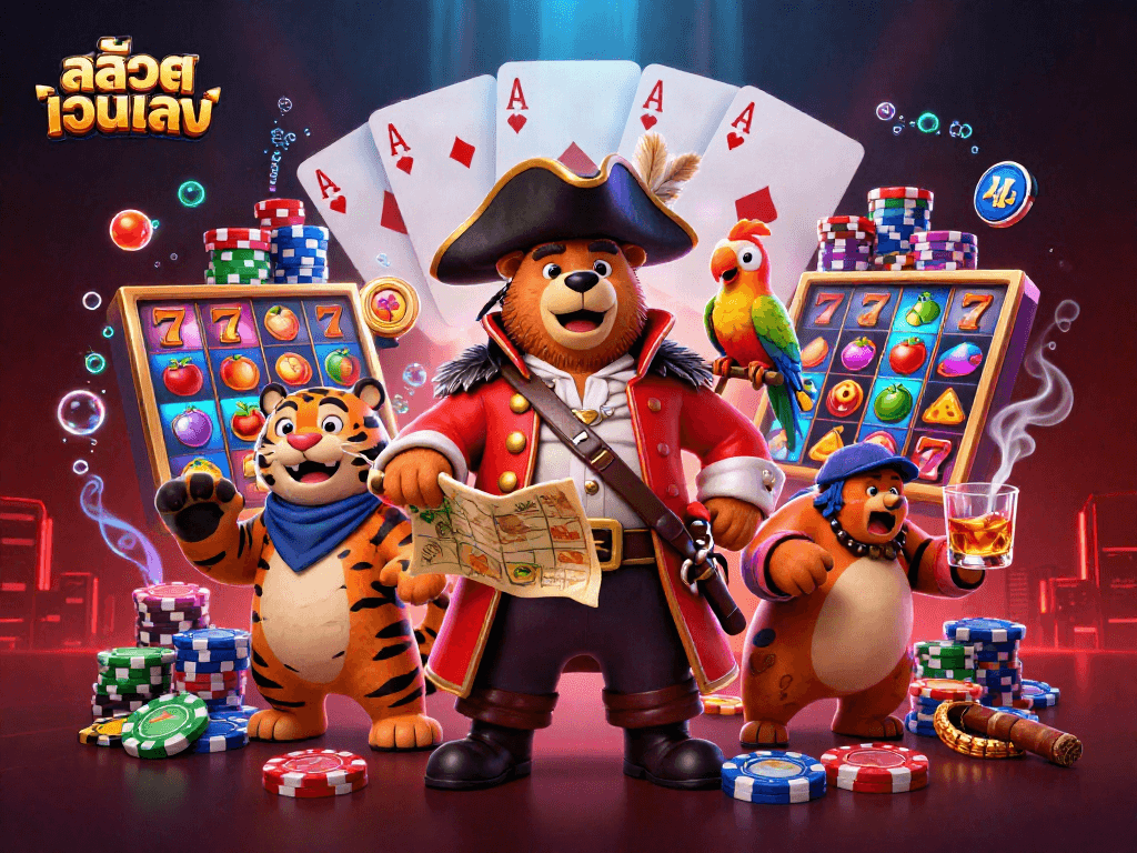 Join the fun with สล็อตเว็บตรง as a pirate bear and tiger first mate reveal slot treasures amidst glowing lights.
