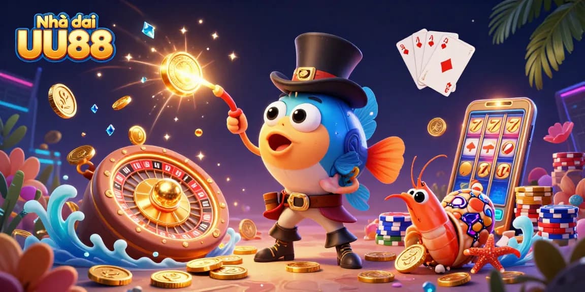 An engaging representation of Nhà cái UU88 featuring an anglerfish attracting golden coins, emphasizing thrilling gambling action.