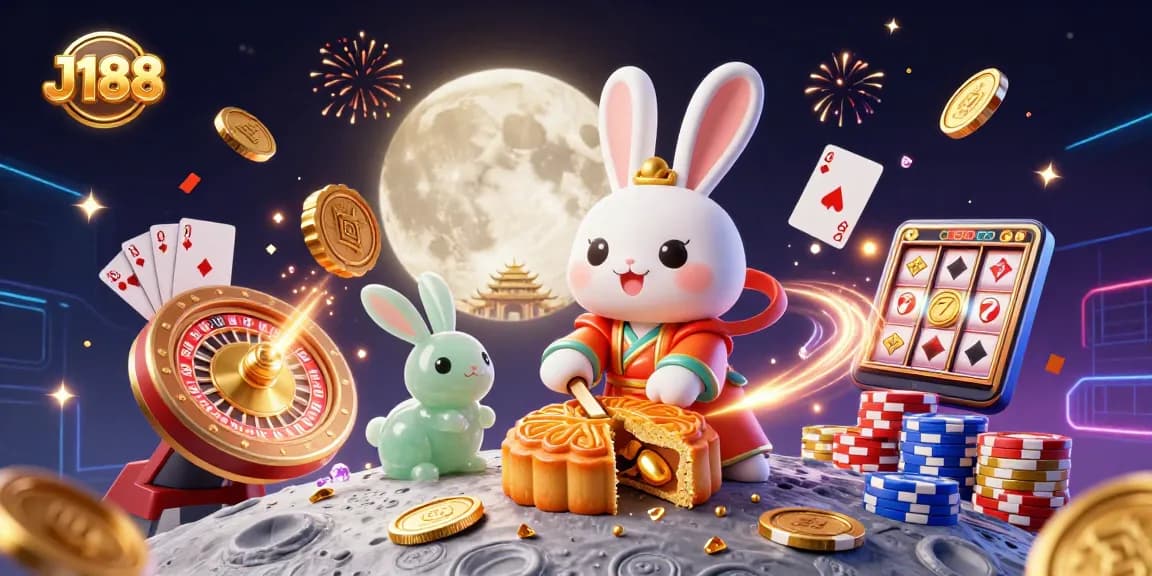 Engage with J188's vibrant gaming scene featuring a moon rabbit, poker chips, and dazzling casino elements.