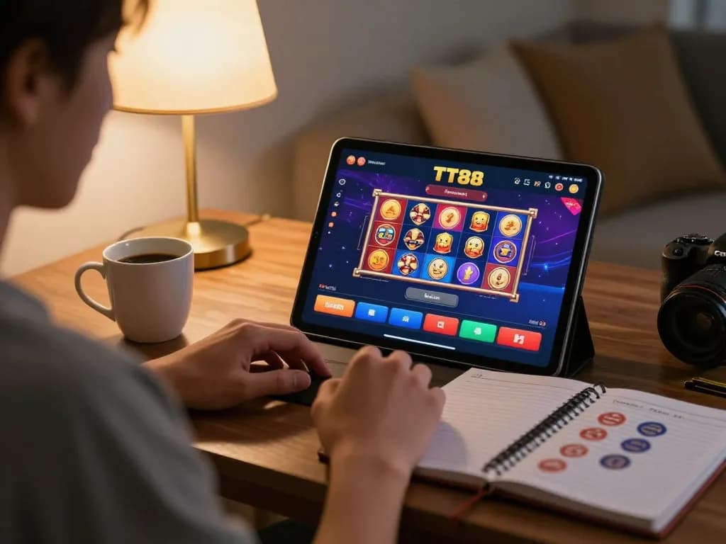 A player engaging with TT88's online slots on a tablet at home, showcasing a gaming setup.