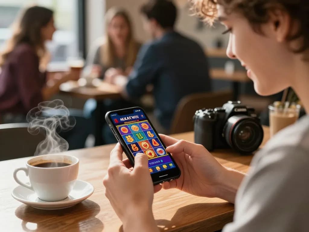 Engaging with NEKATWIN daftar on a smartphone in a cafe setting, featuring lively gaming graphics.