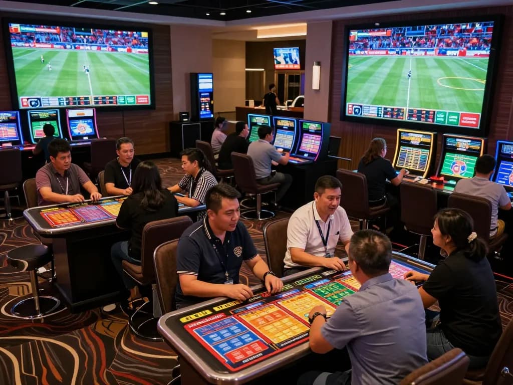 Engaged players analyzing kèo nhà cái odds in an exciting sports betting area