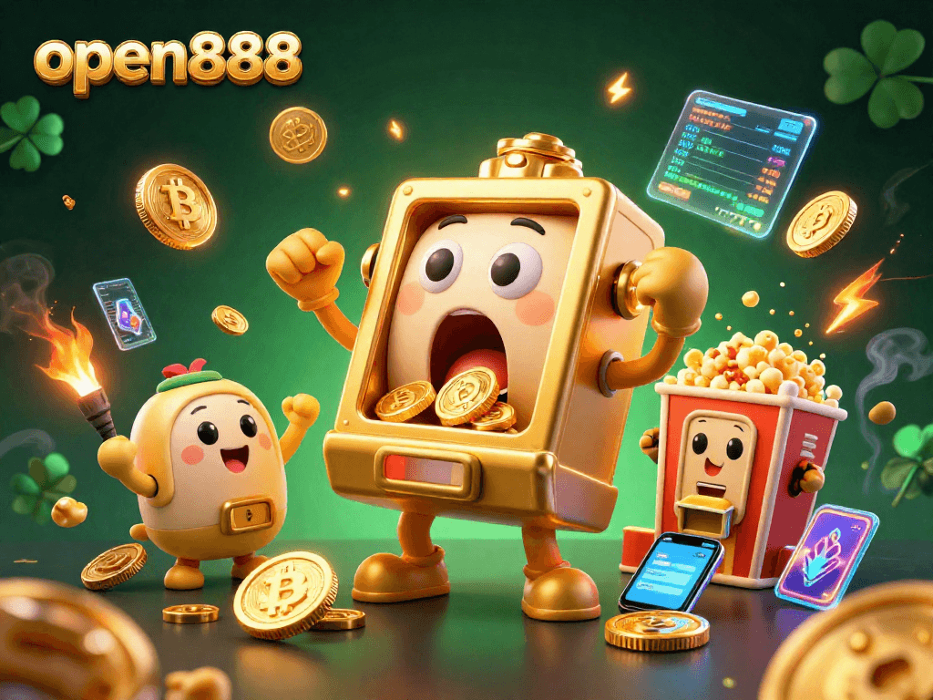 open888 celebrates wins with a 3D animated scene of a golden slot machine hitting a jackpot, surrounded by cheering mini slots and crypto elements.