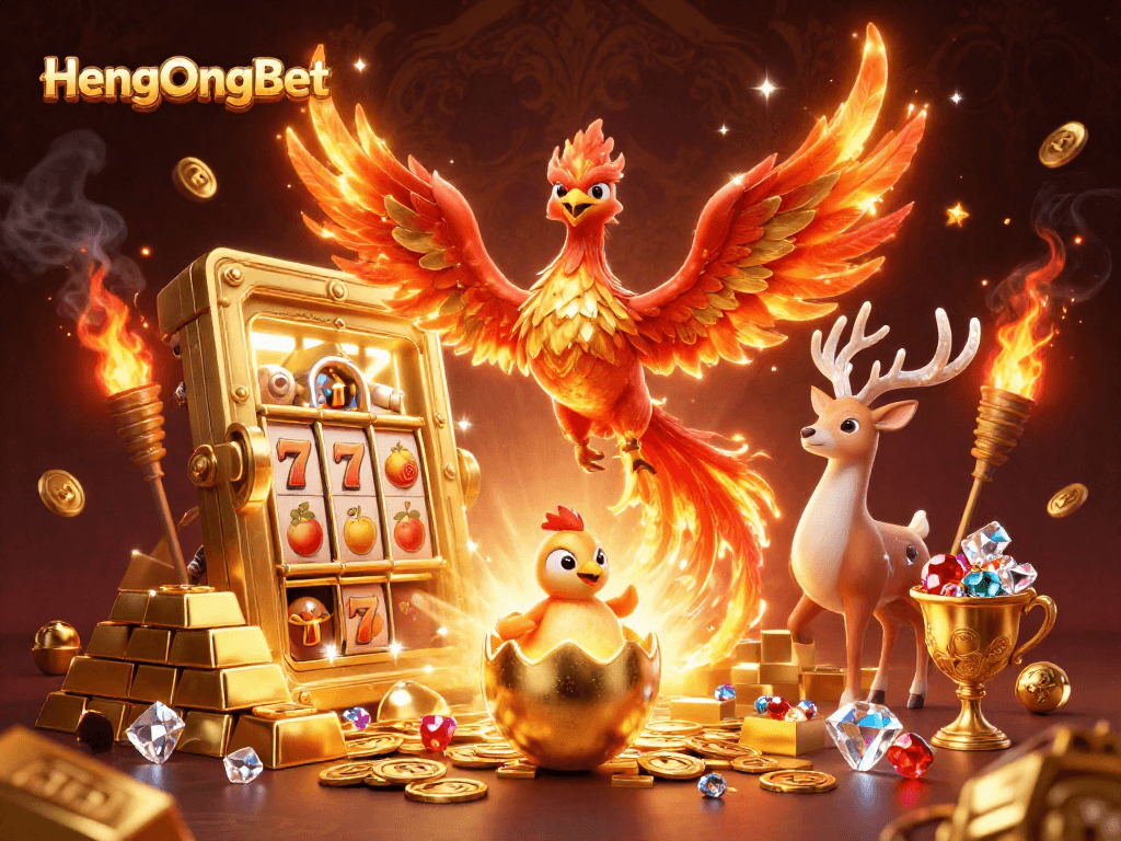 HengOngBet offers exciting slots experience with a blazing fire phoenix and golden treasures.