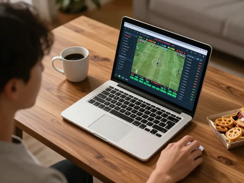 Engaged gambler using nhà cái fly88 for online sports betting, creating a cozy and exciting gaming atmosphere.