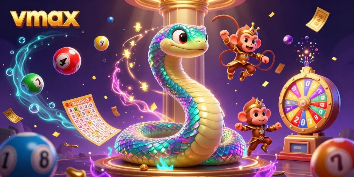 Experience the magic of vmax with vibrant lottery balls and a rainbow serpent in a dynamic casino scene.