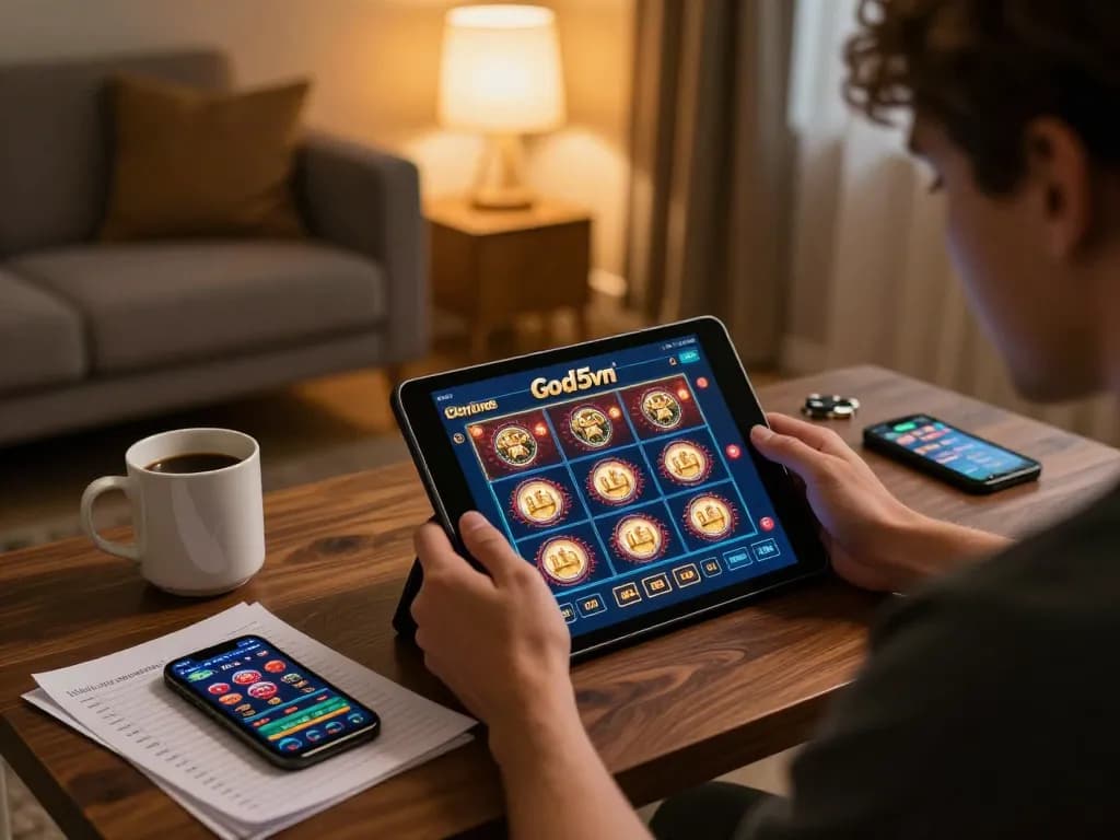 Engaged player using God55vn tablet for online casino gaming, surrounded by strategic betting notes