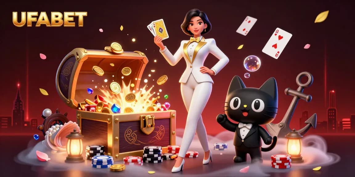 Experience thrilling UFABET action with a glamorous woman dealing cards alongside a stylish tuxedo cat.