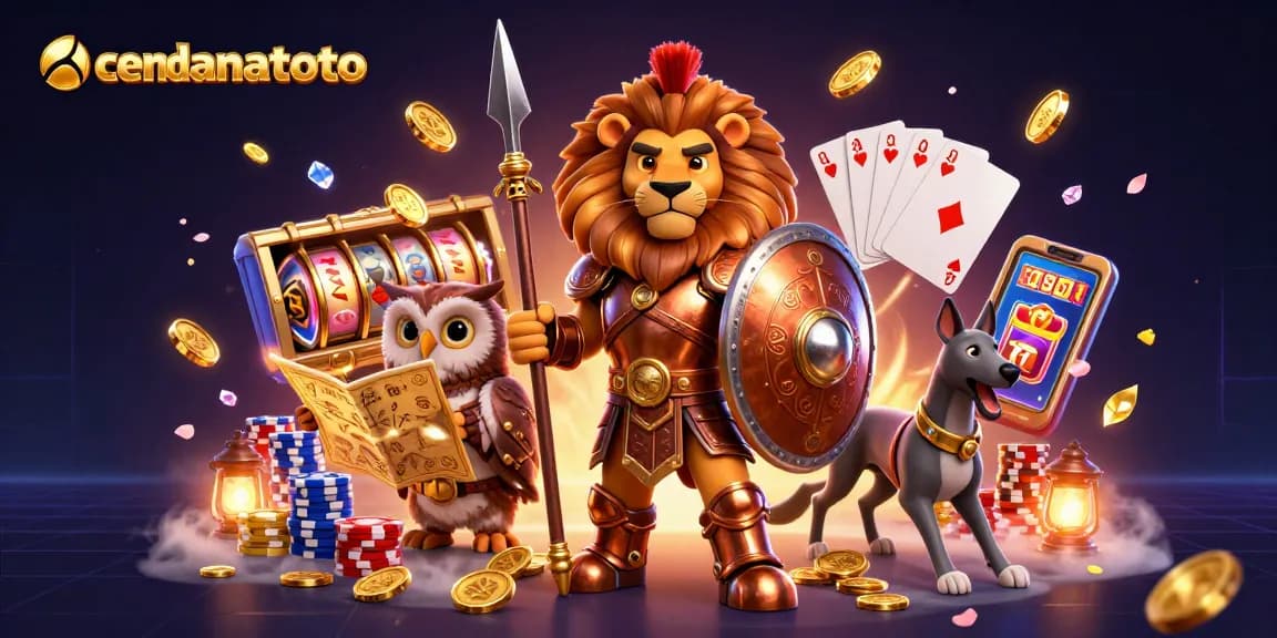 Experience thrilling action at cendanatoto with a 3D casino scene featuring a Spartan lion, wise owl, and swift greyhound surrounded by dynamic game elements.