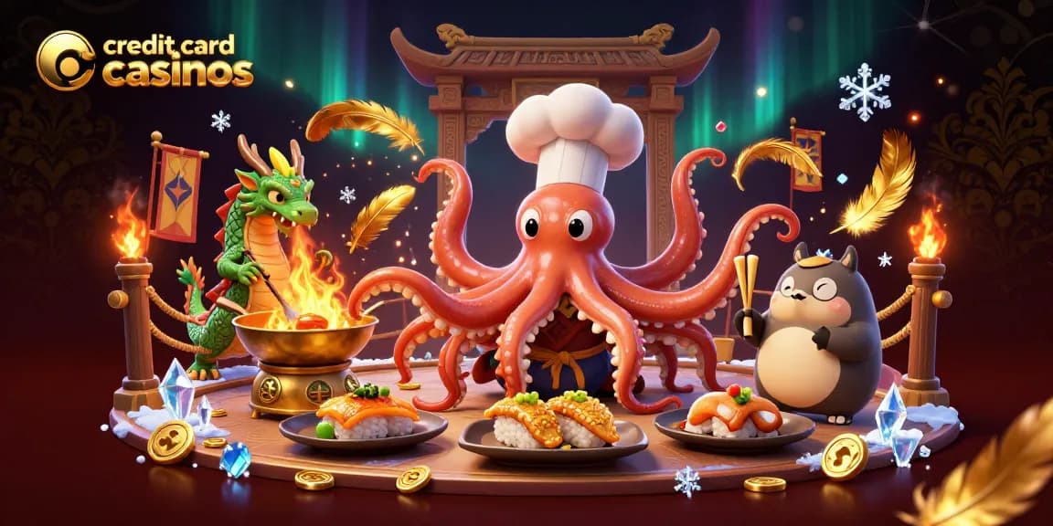 Experience the excitement at credit card casinos with lively cartoon characters in a vibrant casino setting.
