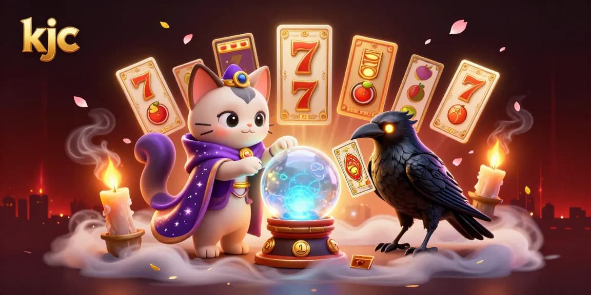Spin your luck at KJC as the tarot raven and mystical cat direct a vibrant slot game scene filled with lucky symbols.