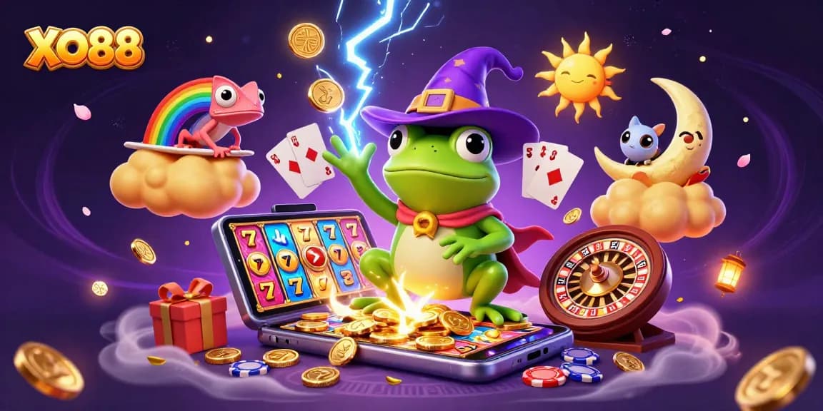 Experience the magic of XO88 with a whimsical storm of coins and vibrant casino elements.