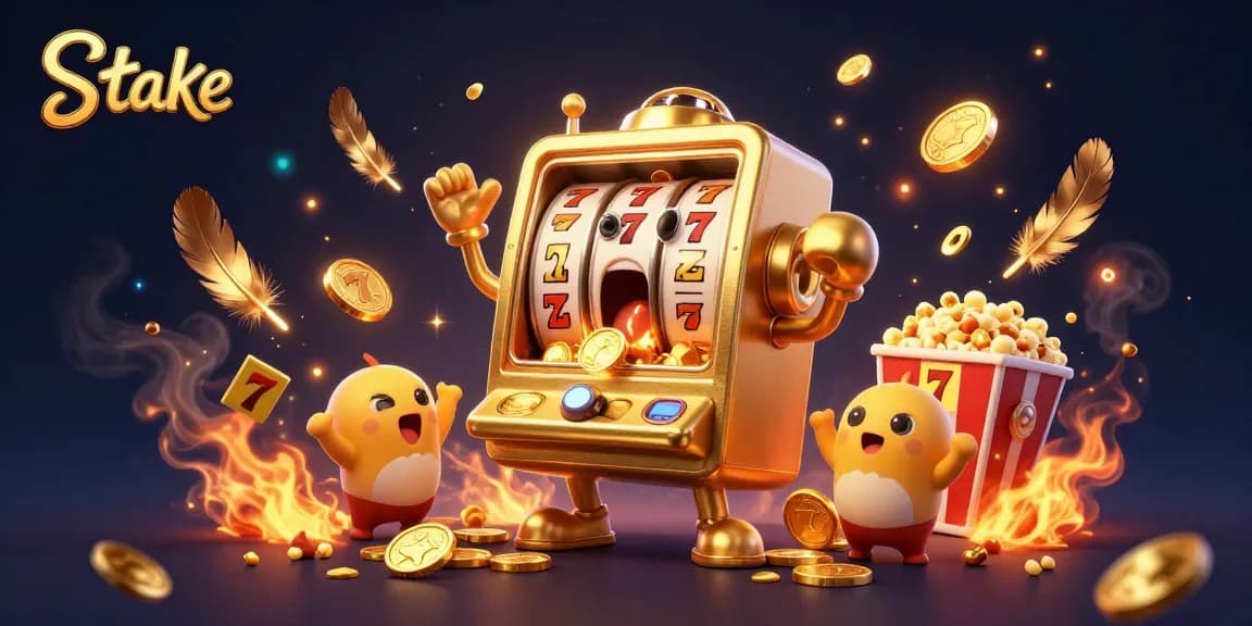 Stake casino's animated golden slot machine celebrates its jackpot, with cheering mini machines and dynamic elements.