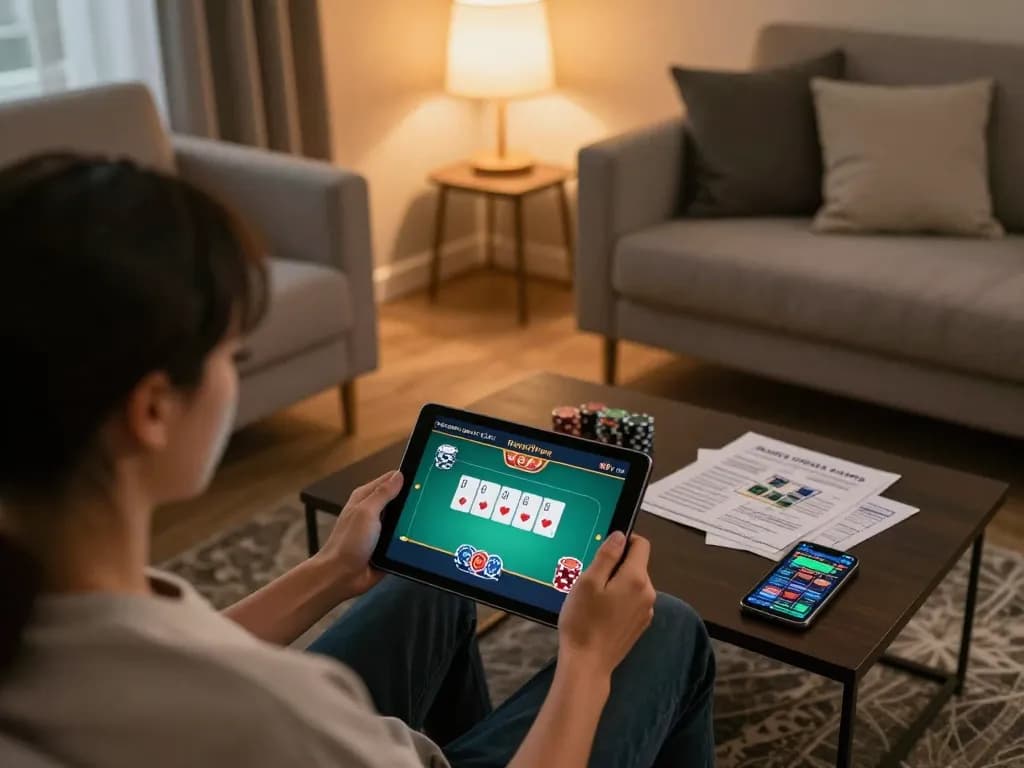Player engaged with open88 com poker game on tablet in cozy home setting, showcasing responsible gaming.