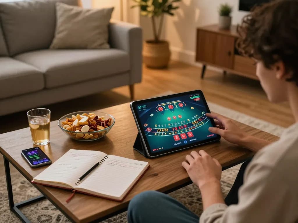 mb88 player enjoying live dealer blackjack on tablet in a cozy home setting with snacks and strategy notes