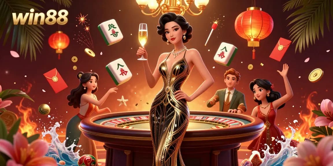 Win88 celebrates elegant gaming experiences, highlighting a glamorous Asian woman with golden elements, enhancing online casino allure.