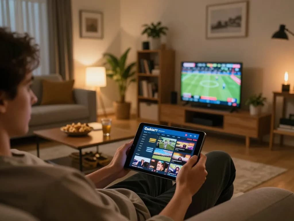 CakhiaTV user enjoying live sports streaming on tablet in a cozy home setting