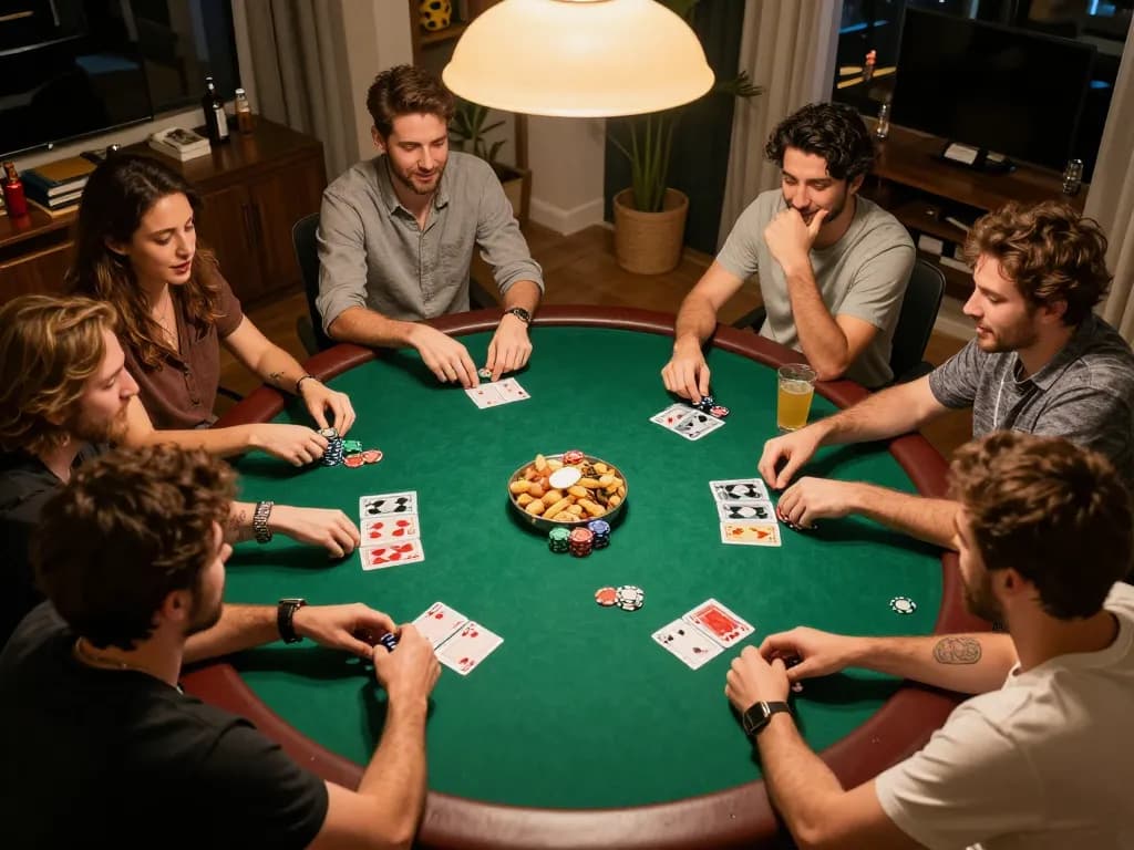 Group playing poker at home in a friendly environment; situs toto strategies in action.