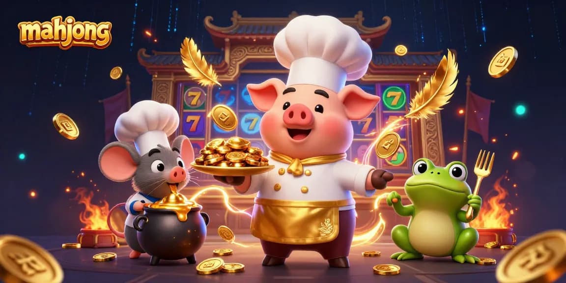 Engaging mahjong scene with a cartoon pig chef serving gold coins amidst vibrant slot elements and dynamic particles.