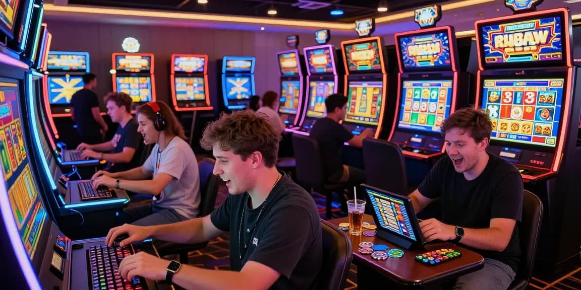 Excited gamers activating bonus buy slots in a vibrant online casino environment.