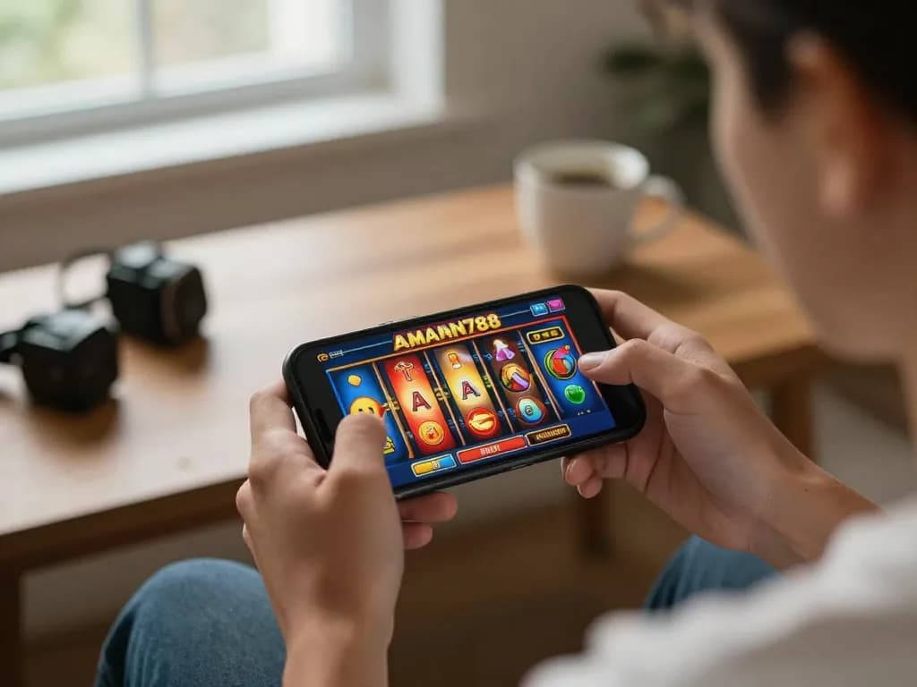 Pemain yang terlibat menikmati slot kasino online dengan aman788, menampilkan gulungan slot yang cerah di smartphone dalam suasana yang nyaman.
