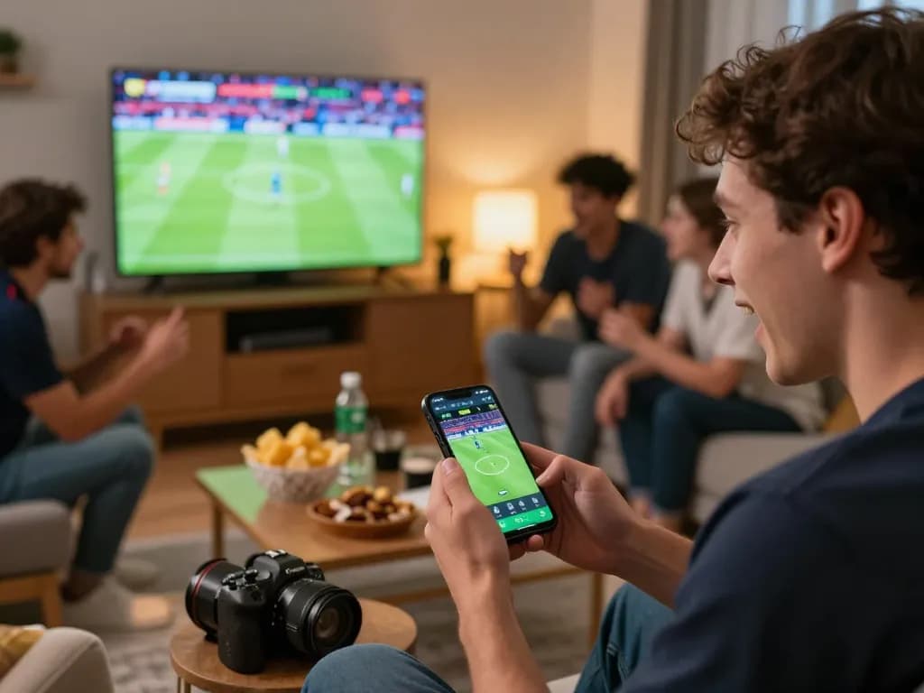 Engaging moment of placing Kết quả bóng đá bets on a smartphone during live matches in a vibrant environment.